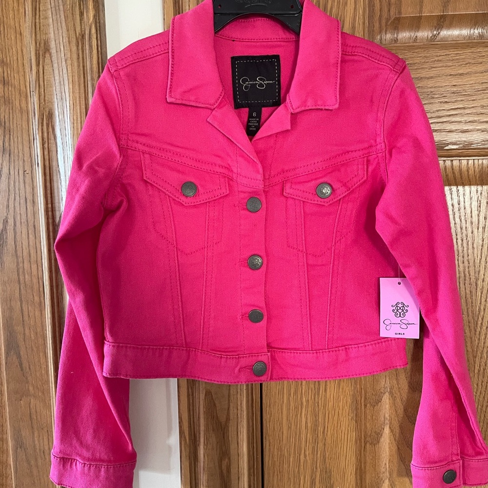 Jessica Simpson Girls Size 6 Kids Vibrant Pink Cropped Jean Jacket